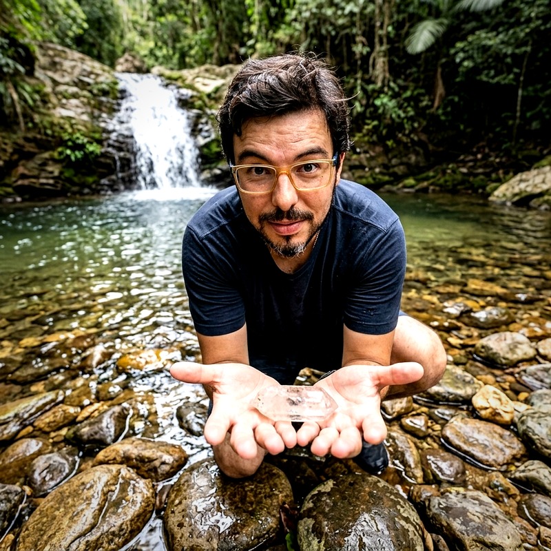 João Moyses Castro na cachoeira com cristal
